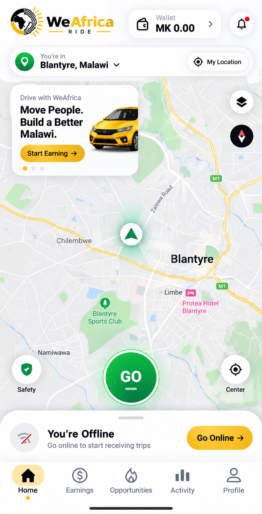WeAfrica Driver app home screen showing the map and Go Online button