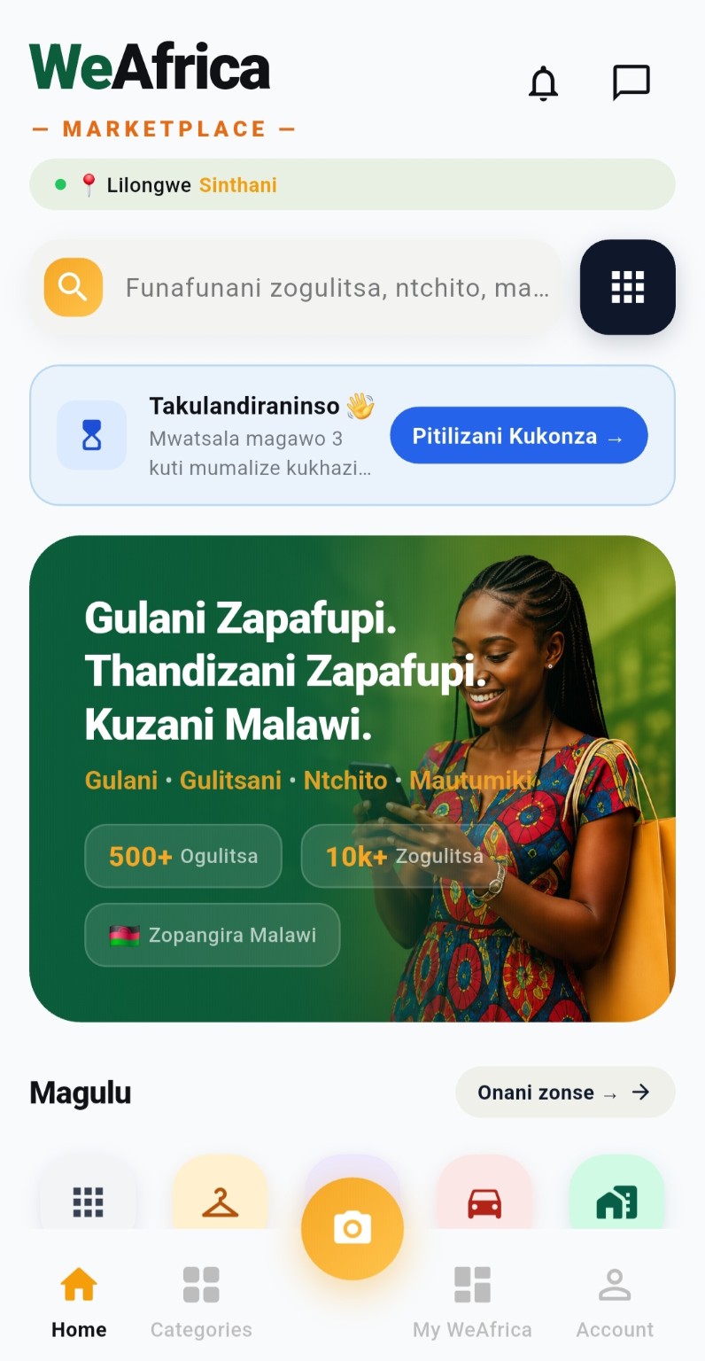 WeAfrica Marketplace app home screen showing categories and search