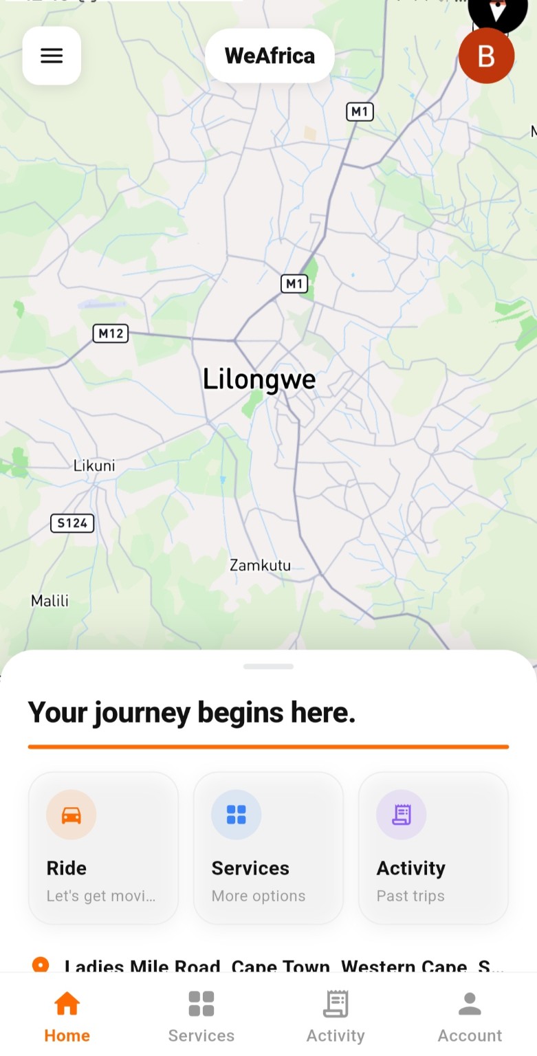 WeAfrica Ride app home screen showing the map and Go button